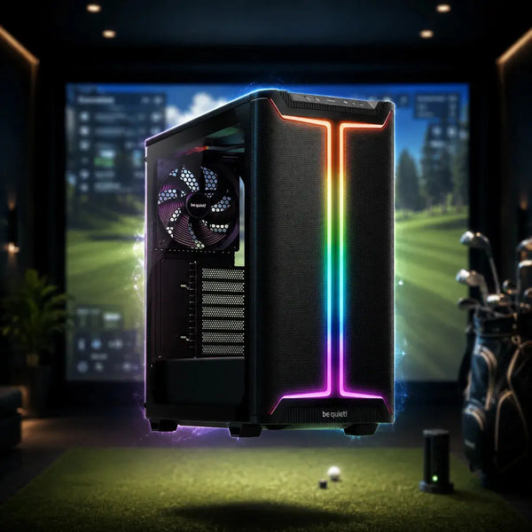 PC System Golf Simulator mit i5 Prozessor, SSD, RTX 5060 Ti und DDR4 RAM in stylischem Gehäuse.