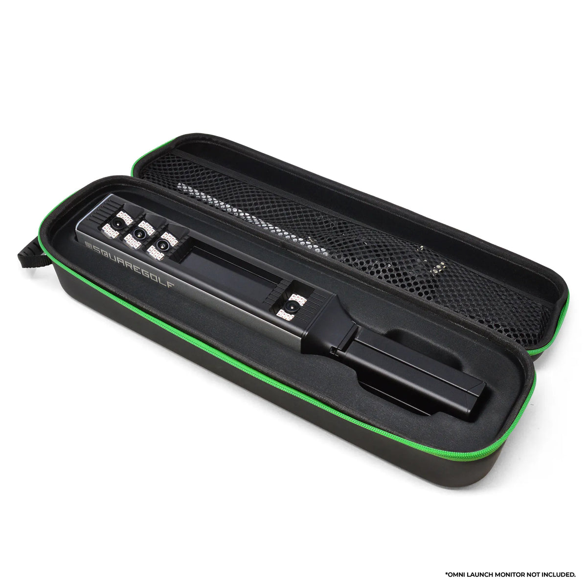 Square Golf Omni Carry Case für den sicheren Transport von Golfgeräten, schwarz mit grünen Akzenten.