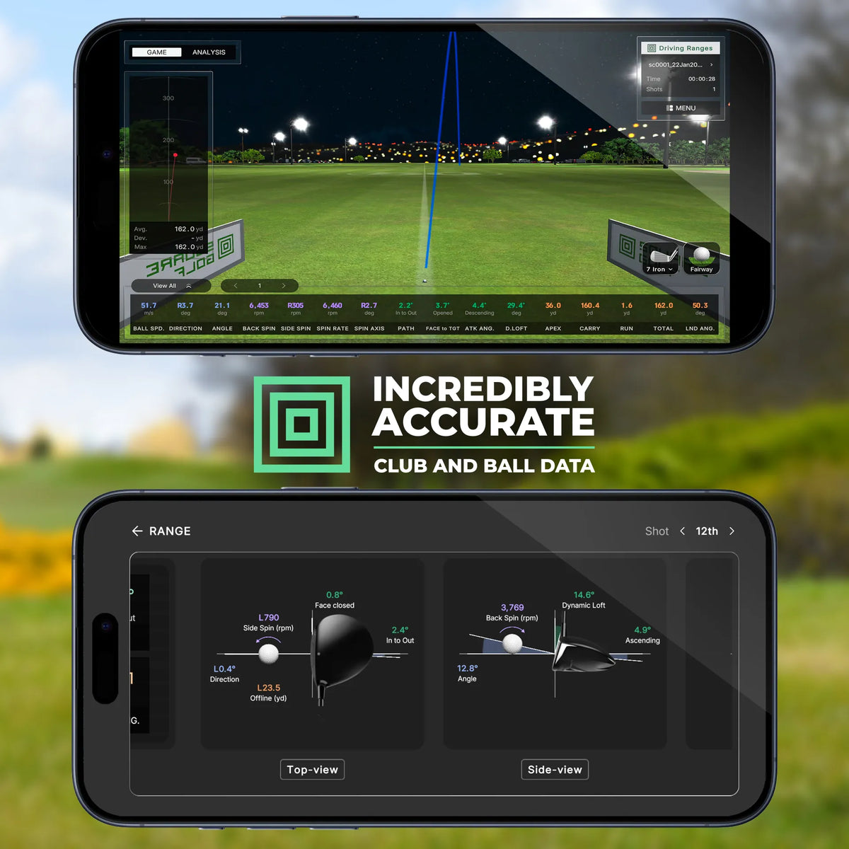 Golf-Launch-Monitor Square mit präzisen Daten zu Schläger und Ball auf Smartphone-Bildschirm.