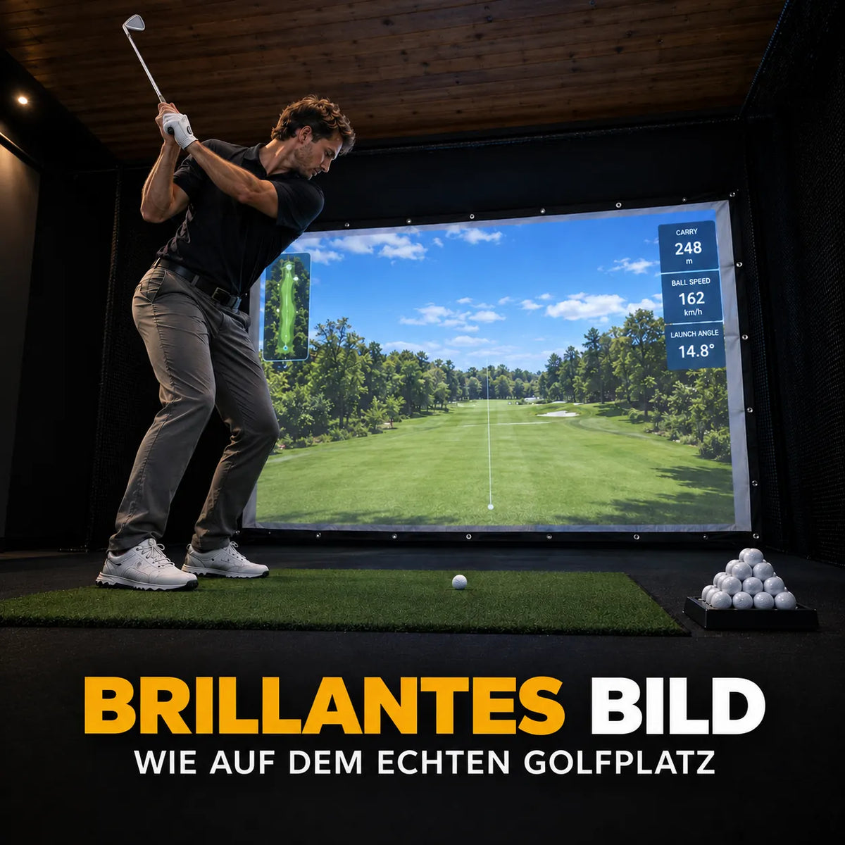 China Impact Screen für realistische Golf-Simulation, mit Darstellung eines Golfplatzes im Hintergrund.