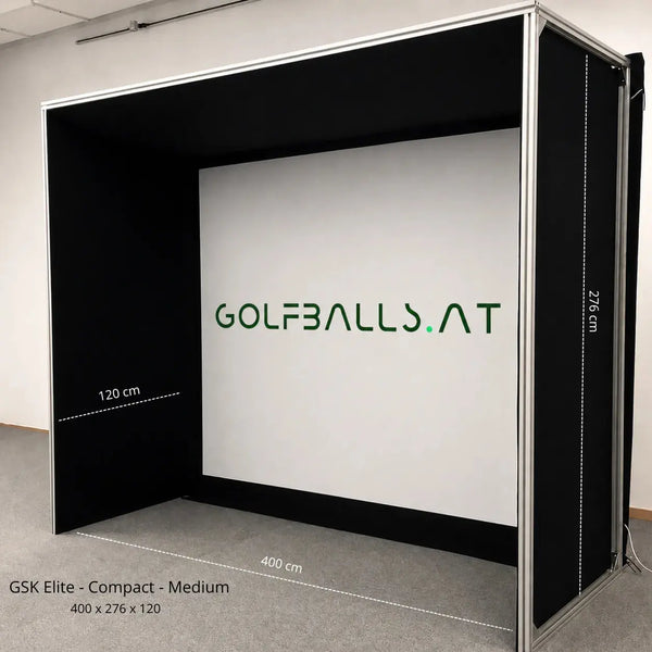 GSK ELITE COMPACT Golf Simulator Enclosure mit Abmessungen 400 x 276 x 120 cm.