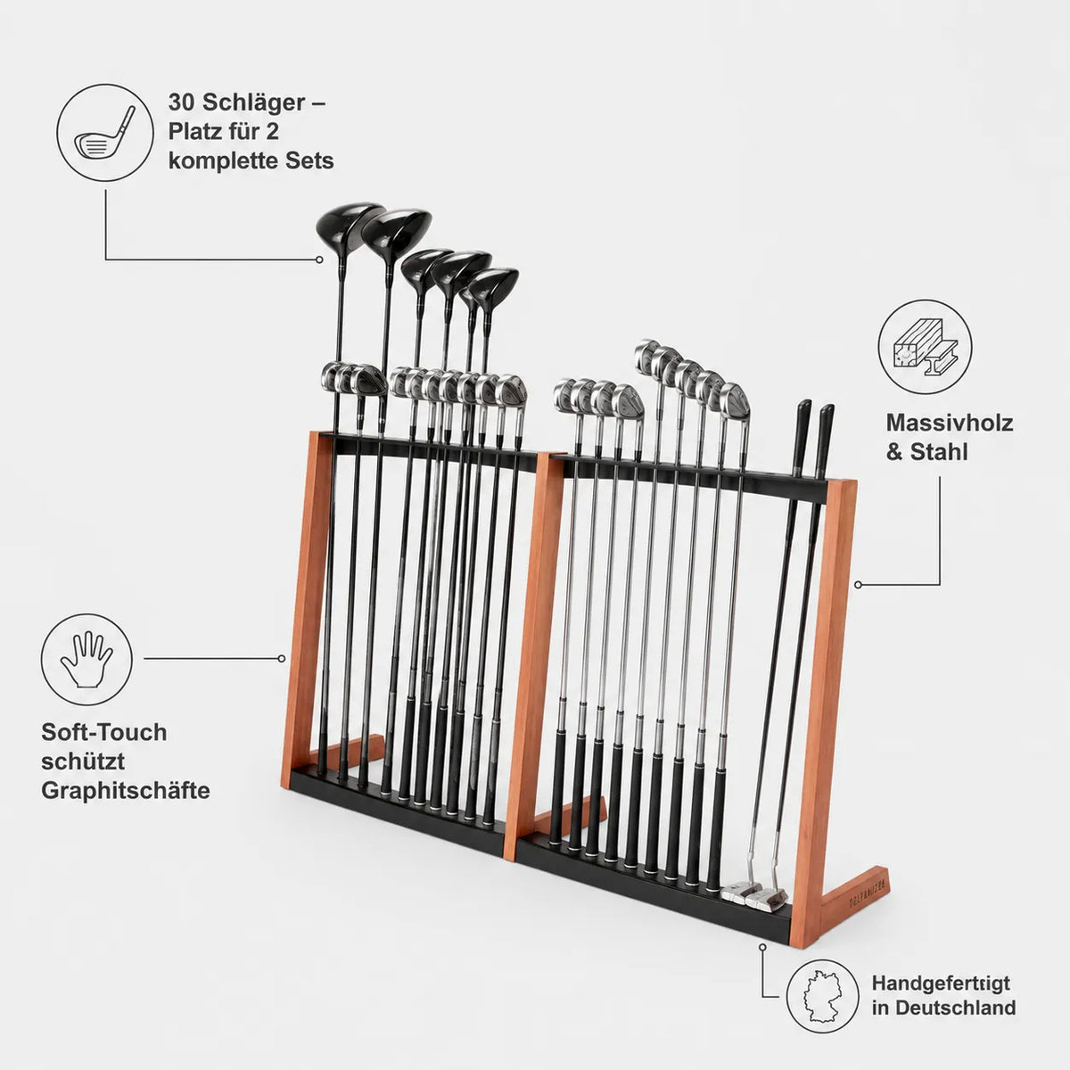 Golfanizer Duo – Premium-Golfschlägerständer für bis zu 30 Schläger aus massivem Holz und Stahl, handgefertigt in Deutschland.