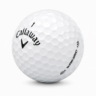 Callaway Warbird Golfball, Modell 25, in Weiß mit schwarzem Logo.