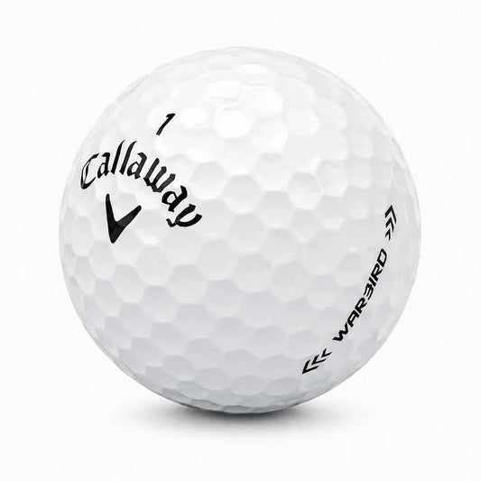 Callaway Warbird Golfball, Modell 25, in Weiß mit schwarzem Logo.