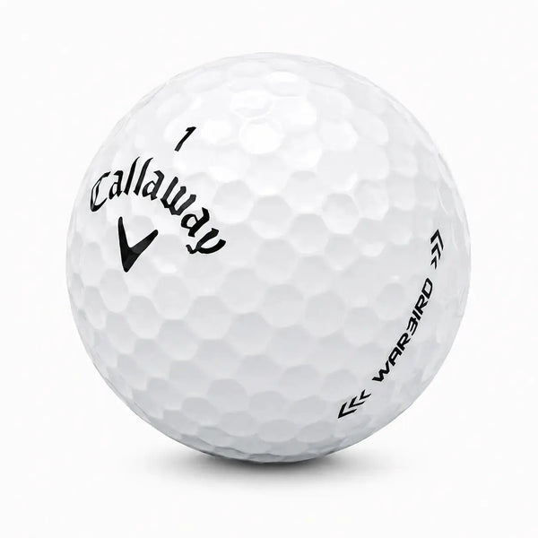 Callaway Warbird Golfball, Modell 25, in Weiß mit schwarzem Logo.