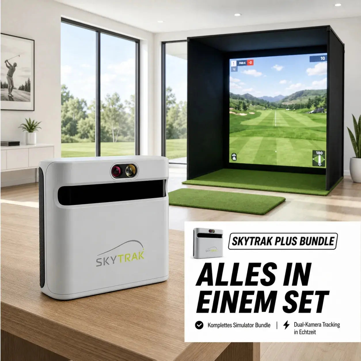 Golfbox x SkyTrak+ Bundle mit Simulator und Echtzeit-Dual-Kamera-Tracking.