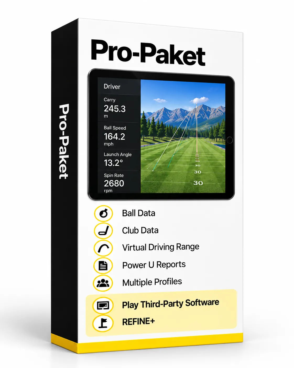 Uneekor Pro-Paket für Golf-Simulator mit Funktionen wie Ball- und Clubdaten.