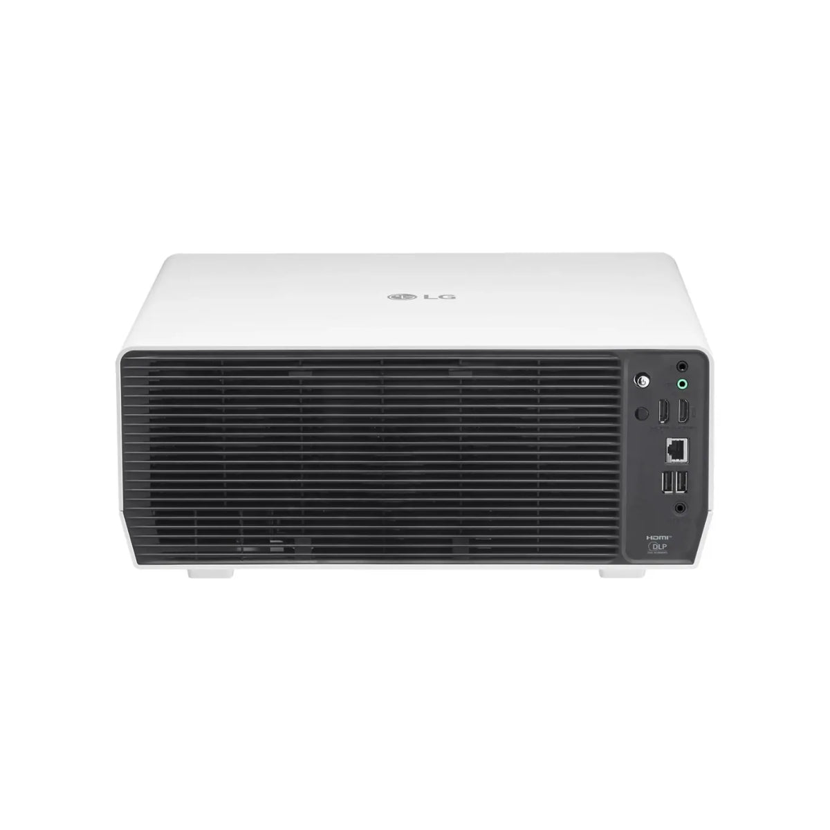 4K UHD Projektor 5000 Lumen Laser von LG, Modell BU53RG, kompakte Bauform in Weiß und Schwarz.