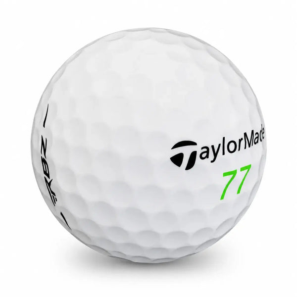 Taylor Made Rocketballz Golfball, weiß mit schwarzem Logo und grüner 77.