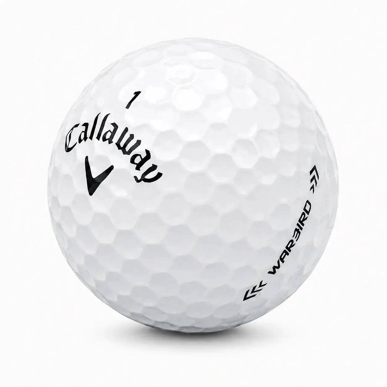 Callaway Warbird Golfball, weiß, mit Modellbezeichnung und Logo.