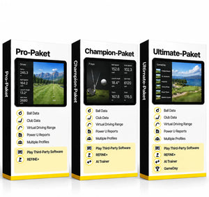 Uneekor Lizenzpakete: Pro-Paket, Champion-Paket und Ultimate-Paket für Golf-Simulatoren.