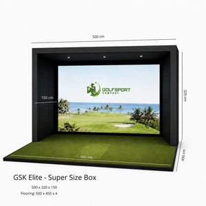 GSK ELITE Golf Simulator mit großem Bildschirm und Kunstrasenfläche, Modell EyeXO & EyeXO 2.