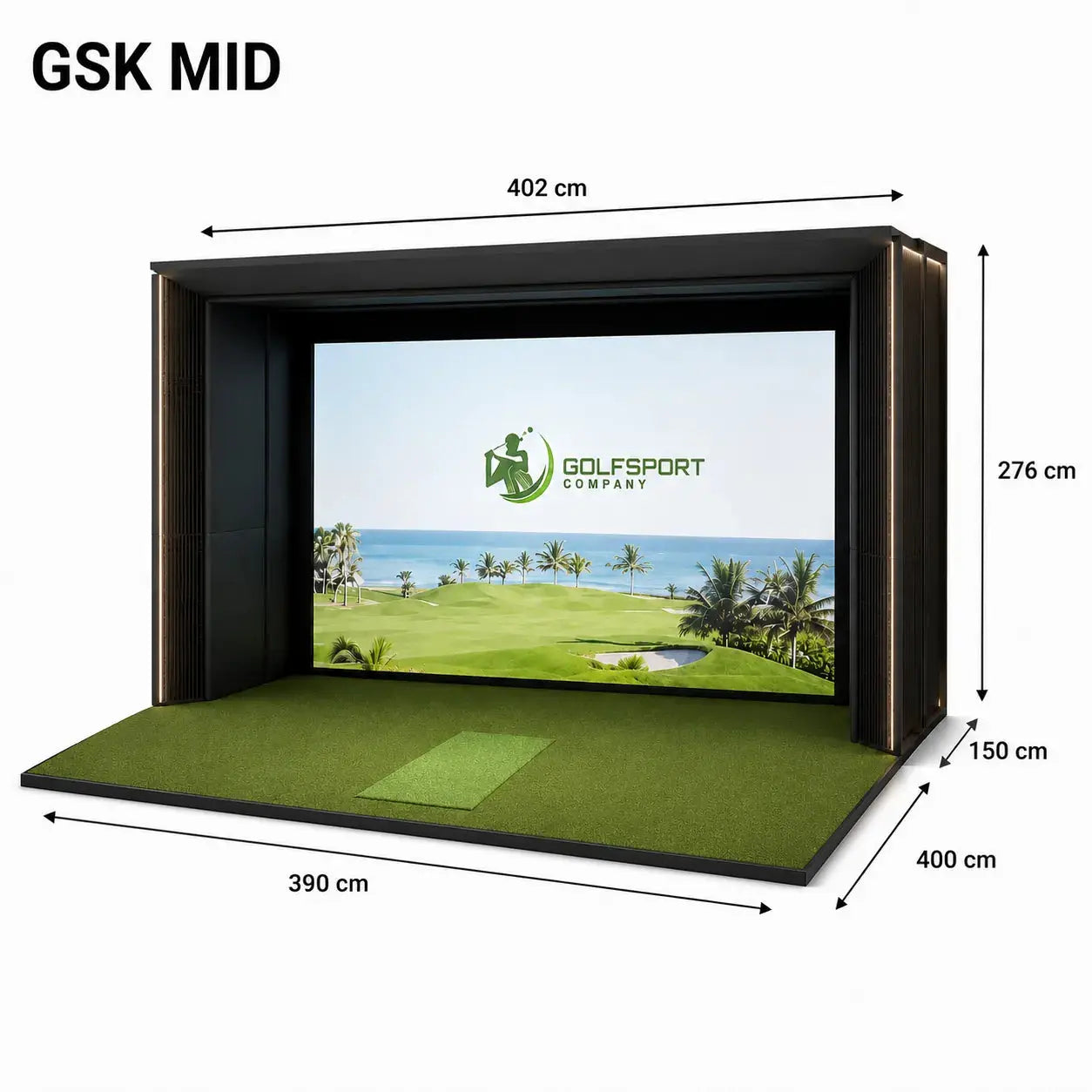 GSK ELITE Protee VX Golf Simulator mit großem Bildschirm und Kunstrasenfläche.