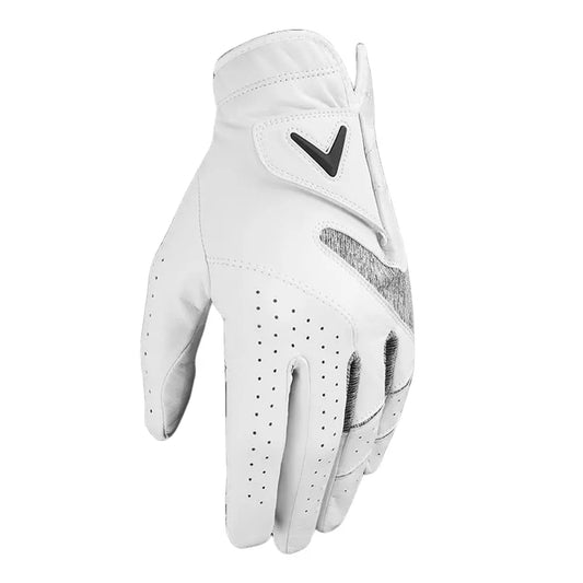 weißer Herren Golfhandschuh für Linkshänder mit Belüftungslöchern und schwarzem Logo