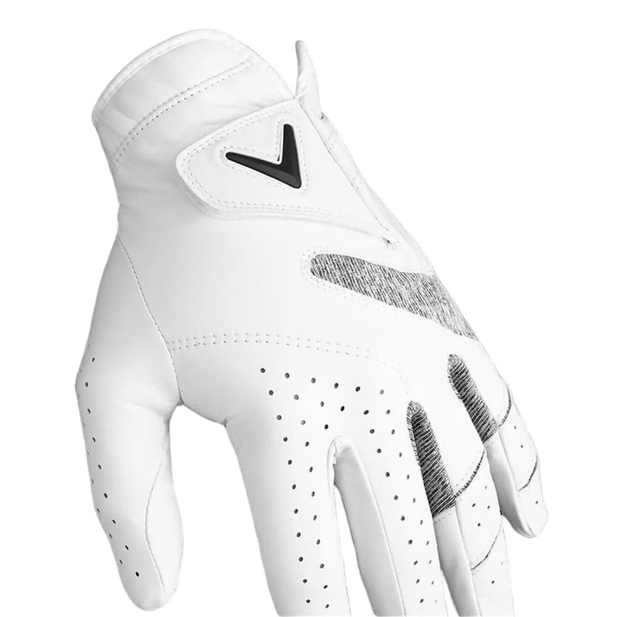 Weißer Herren-Golfhandschuh für Linkshänder mit Belüftungslöchern und grauen Details