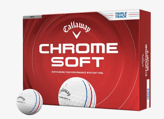 Golfbälle mit Triple Track Linien und rote Verpackung, Aufschrift Chrome Soft sichtbar