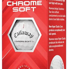 Callaway Chrome Soft Triple Track Golfball, weiße Verpackung mit Sichtfenster und Produktinfos.