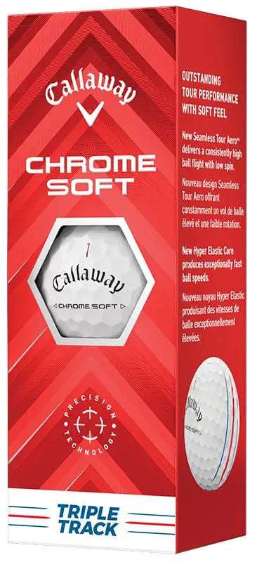 Callaway Chrome Soft Triple Track Golfball, weiße Verpackung mit Sichtfenster und Produktinfos.