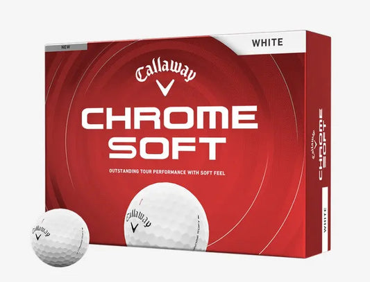 Callaway Chrome Soft weiße Golfbälle, 12er Packung vor roter Verpackung, Golfball-Design