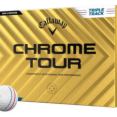 Callaway Chrome Tour Golfball 12er Pack mit Triple Track Linien auf gelber Verpackung