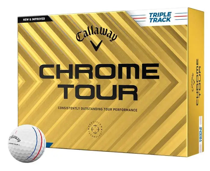 Callaway Chrome Tour Golfball 12er Pack mit Triple Track Linien auf gelber Verpackung