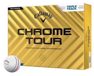 Callaway Chrome Tour Golfball 12er Pack mit Triple Track Linien auf gelber Verpackung
