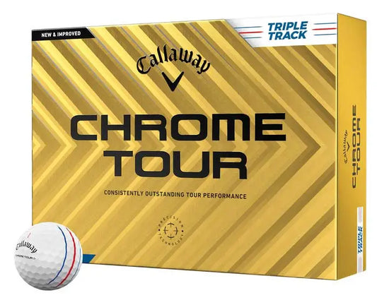 Callaway Chrome Tour Golfball 12er Pack mit Triple Track Linien auf gelber Verpackung