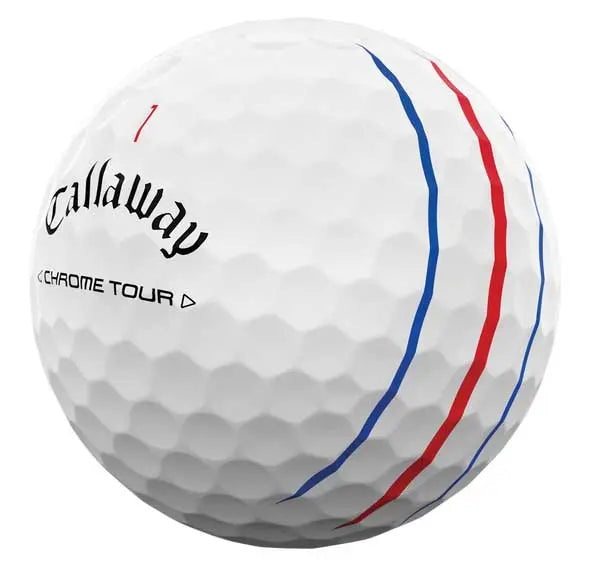 Weißer Golfball mit Triple Track Linien in Rot und Blau, Callaway Chrome Tour Aufdruck