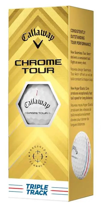 Callaway Chrome Tour Golfbälle in gelber Verpackung mit Triple Track Linien, 12er Pack