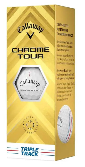 Callaway Chrome Tour Golfbälle in gelber Verpackung mit Triple Track Linien, 12er Pack