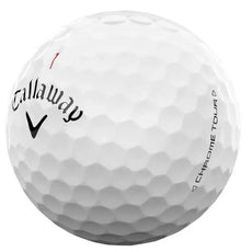 Weißer Golfball mit Callaway Logo und Chrome Tour Aufschrift, Golf Zubehör Produktfoto