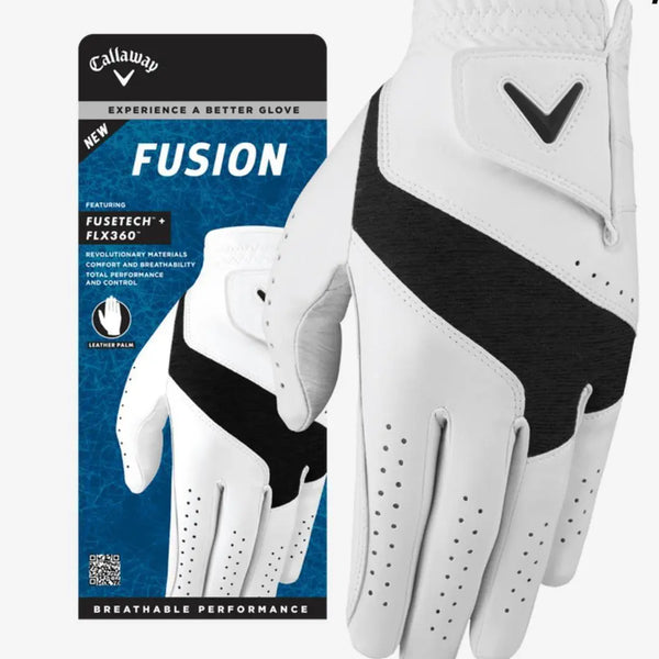 Weißer Herren-Golfhandschuh für Linkshänder mit schwarzen Akzenten, atmungsaktiv, Produktverpackung sichtbar