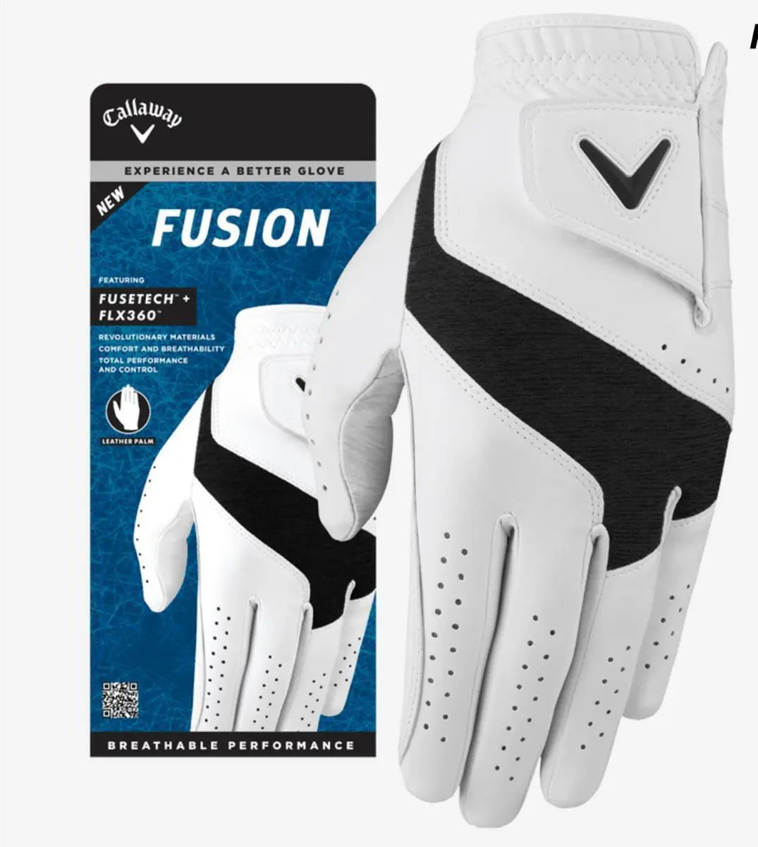 Herren Golfhandschuh links, weiß-schwarz, atmungsaktiv, Fusion Modell, Produktverpackung sichtbar