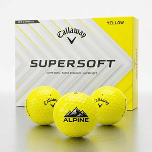 Gelbe Callaway Supersoft Golfbälle mit Logo vor passender Verpackung, Golfball Set