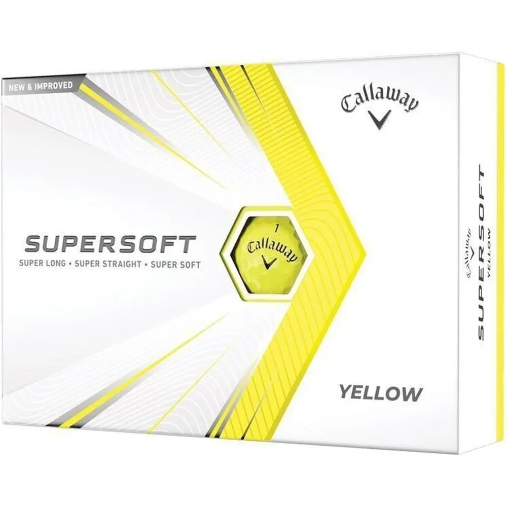 Callaway Supersoft gelbe Golfbälle Verpackung, 12 Stück, mit Logo und modernem Design.