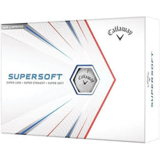 Weiße Callaway Supersoft Golfbälle in Verpackung, Aufschrift SUPERSOFT, geeignet für Golfer.
