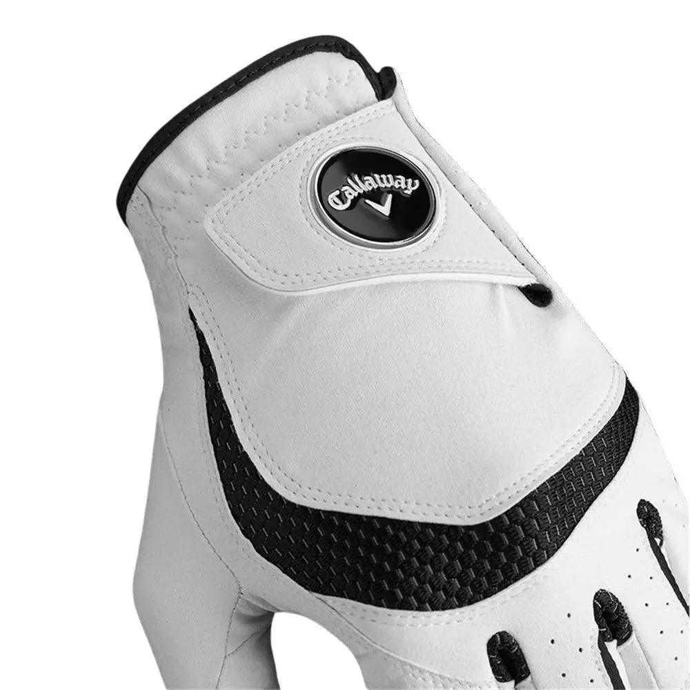 weißer Herren Golfhandschuh für die linke Hand mit schwarzem Detail und Logo, Nahaufnahme