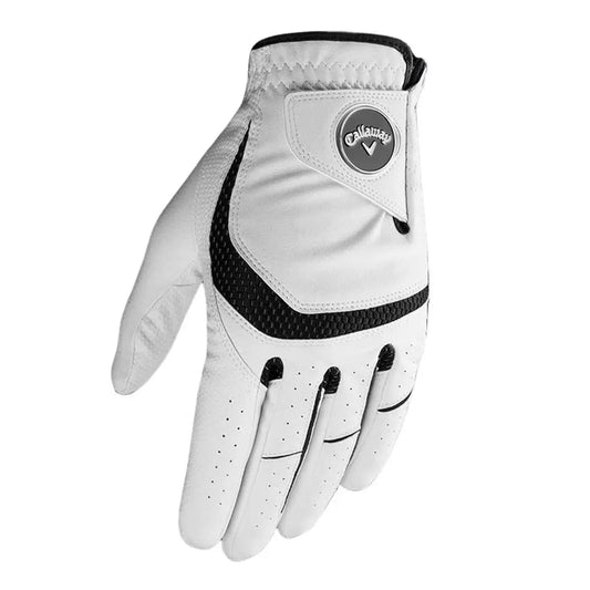 Weißer Damen Golfhandschuh für die linke Hand mit schwarzem Einsatz, atmungsaktiv
