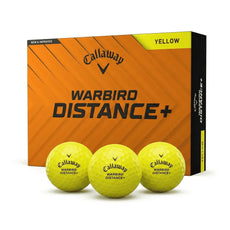 Gelbe Warbird Distance+ Golfbälle vor orangefarbener Verpackung, Golfball-Set für maximale Weite