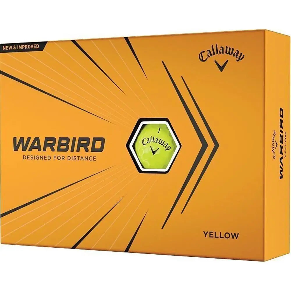 Gelbe Callaway Warbird Golfbälle in gelber Verpackung, Designed for Distance, sichtbar mit Logo.