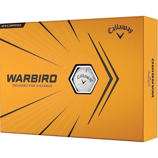 Gelbe Callaway Warbird Golfball-Verpackung mit Logo und Sichtfenster, Aufschrift Designed for Distance