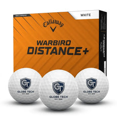 Callaway Warbird Distance+ Golfbälle weiß mit individuell bedrucktem Globe Tech Logo vor Verpackung