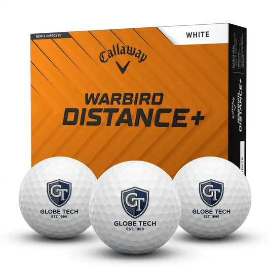 Callaway Warbird Distance+ Golfbälle weiß mit individuell bedrucktem Globe Tech Logo vor Verpackung