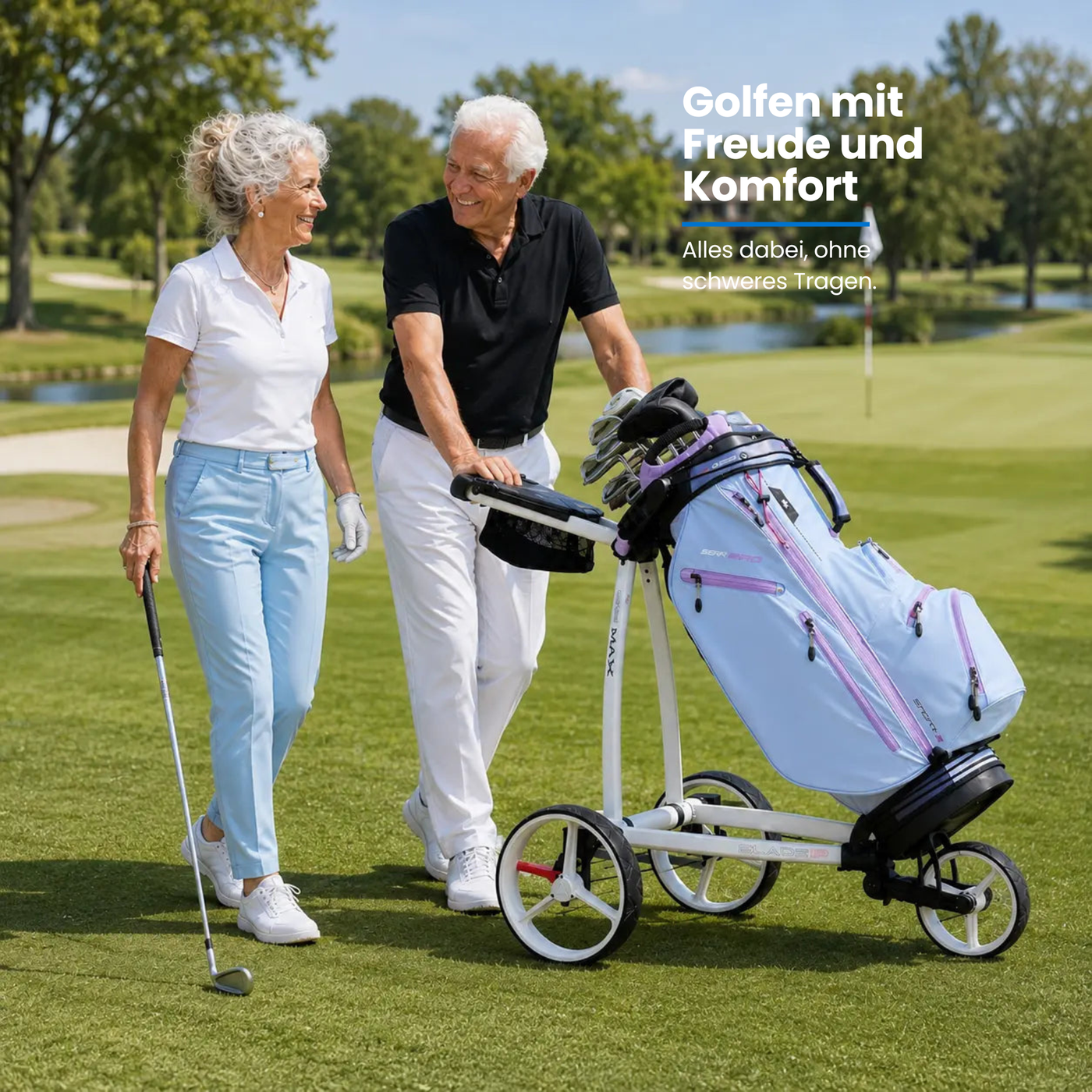 Big Max IQ² - 3 Rad Push Trolley mit Golfern auf dem Golfplatz, das leichte Transportieren von Golfausrüstung.