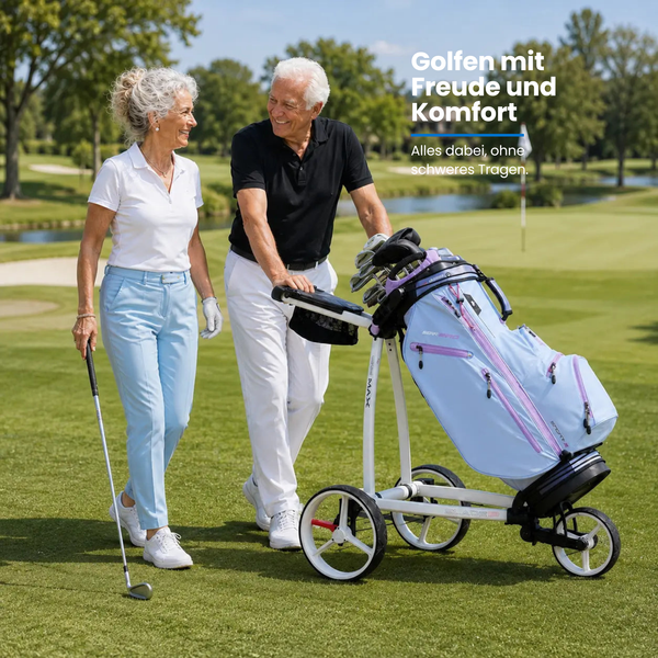 Big Max IQ² - 3 Rad Push Trolley mit Golfern auf dem Golfplatz, das leichte Transportieren von Golfausrüstung.