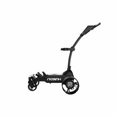 Schwarzer elektrischer Golf Trolley mit modernen Rädern seitlich freigestellt
