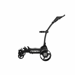 Schwarzer elektrischer Golf Trolley mit modernen Rädern seitlich freigestellt