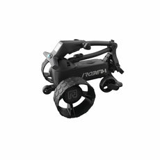 Zusammengeklappter, moderner elektrischer Golf Trolley in Schwarz auf weißem Hintergrund
