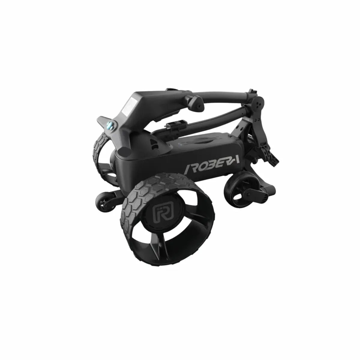 Zusammengeklappter, moderner elektrischer Golf Trolley in Schwarz auf weißem Hintergrund