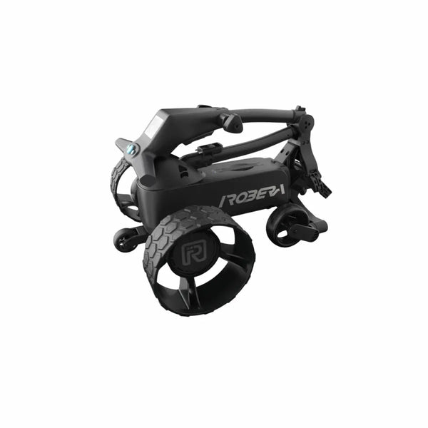 Zusammengeklappter, moderner elektrischer Golf Trolley in Schwarz auf weißem Hintergrund